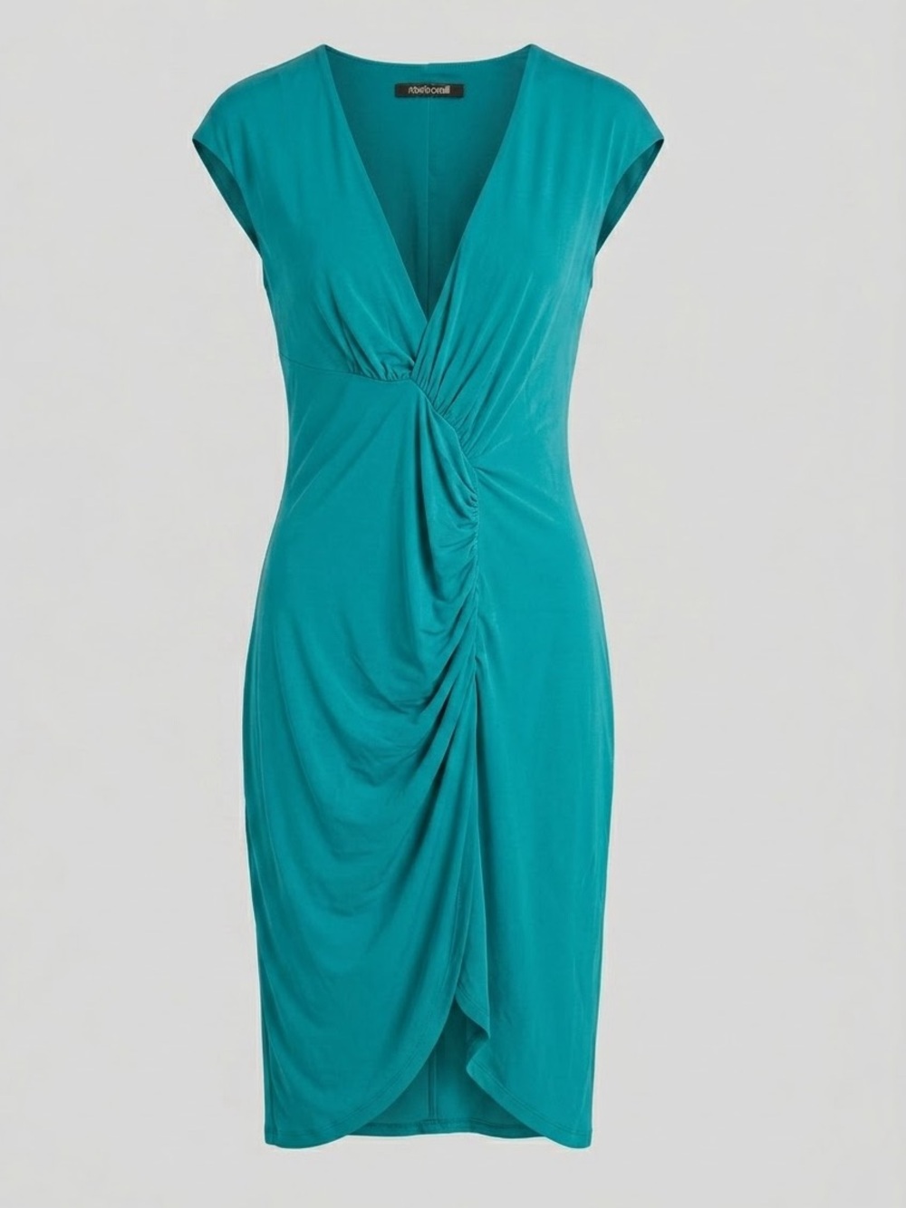 AUTH Roberto Cavalli Draped Ruched V-Neck Cocktail Dress Teal IT 48 US 12 Large